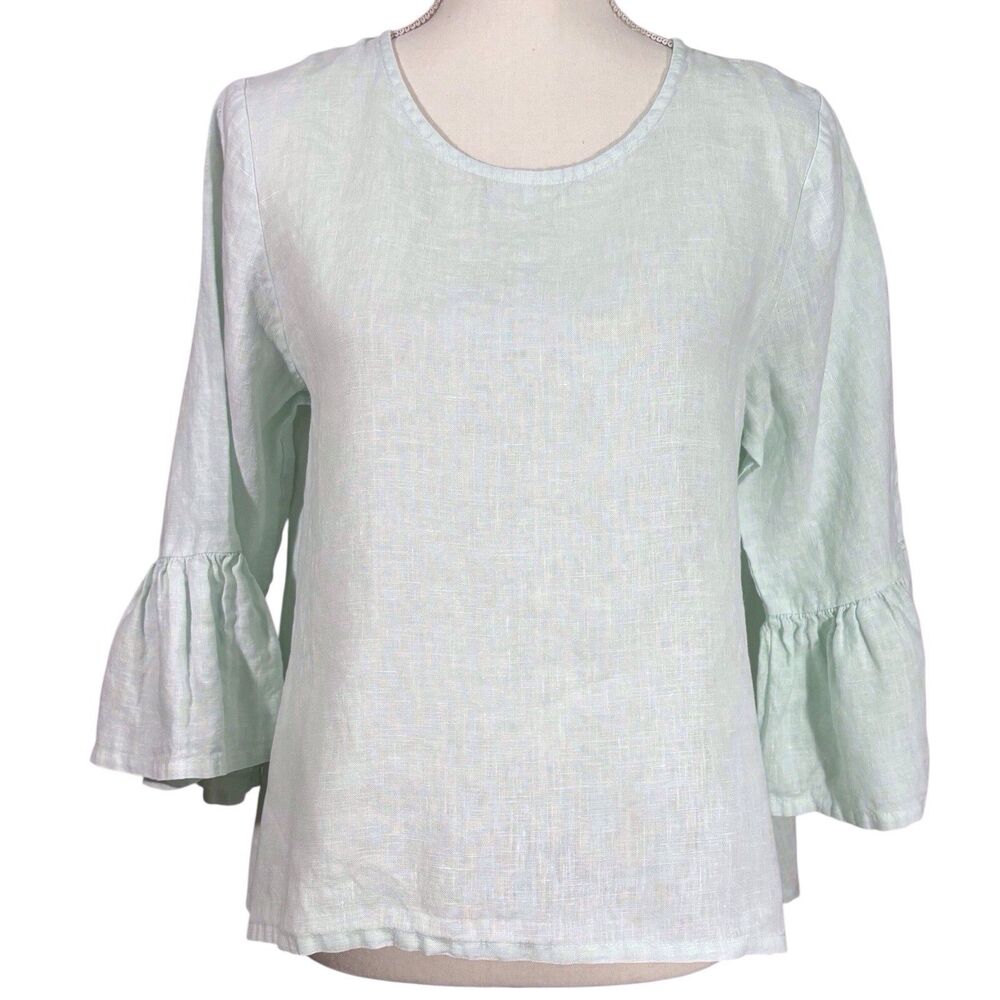 Bryn Walker Linen Tunic Bell Sleeve Ruffle Top Light Green XXS Oversized Coastal
